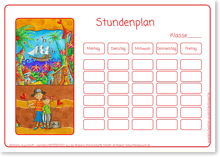 Stundenpläne für Kinder in der Grundschule Motiv Piraten Stadt 