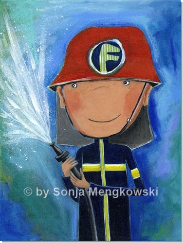 Feuerwehrmann Julius im Einsatz. - Serie: Acrylbilder - fröhliche Motive fürs Kinderzimmer - ©Sonja Mengkowski