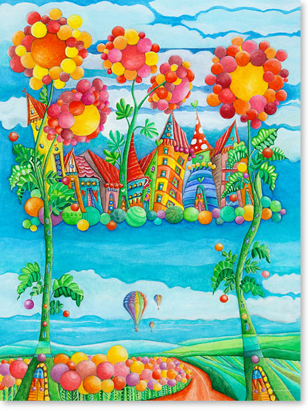 Der kleine Heißluftballon und seine Freunde zu Besuch in Himmel Stadt im Land der Riesen und Zwerge - Serie: Aquarellbilder fröhliche Motive fürs Kinderzimmer