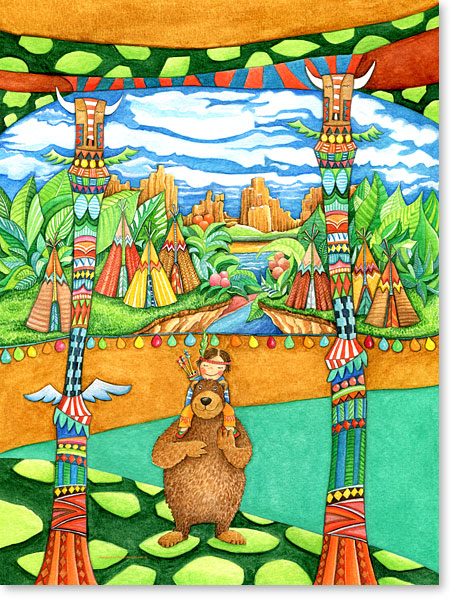 Der kleine Indianer und Häuptling brauner Bär - Serie: Aquarellbilder Motive fürs Kinderzimmer - ©Sonja Mengkowski