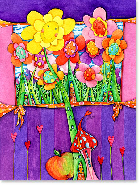 Aquarell Bild - Sonnenhausen - Die lachende Sonnenblume und der Apfel. - ©Sonja Mengkowski Die lachende Sonnenblume und der Apfel - Serie: Aquarellbilder fröhliche Motive fürs Kinderzimmer - ©Sonja Mengkowski